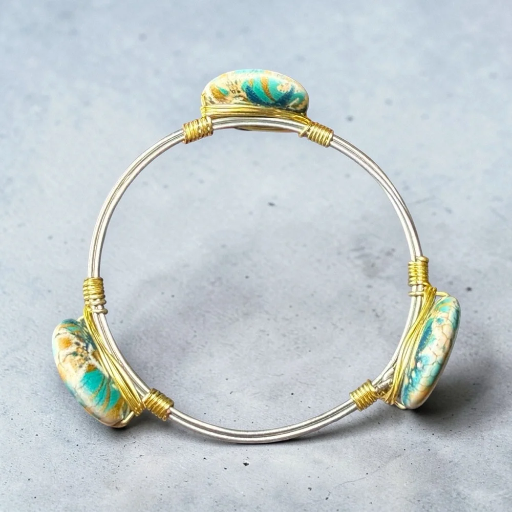Turquoise‎ Starfish Mixed Metal Wire Wrapped Bangle Bracelet Beach Boho Coastal
